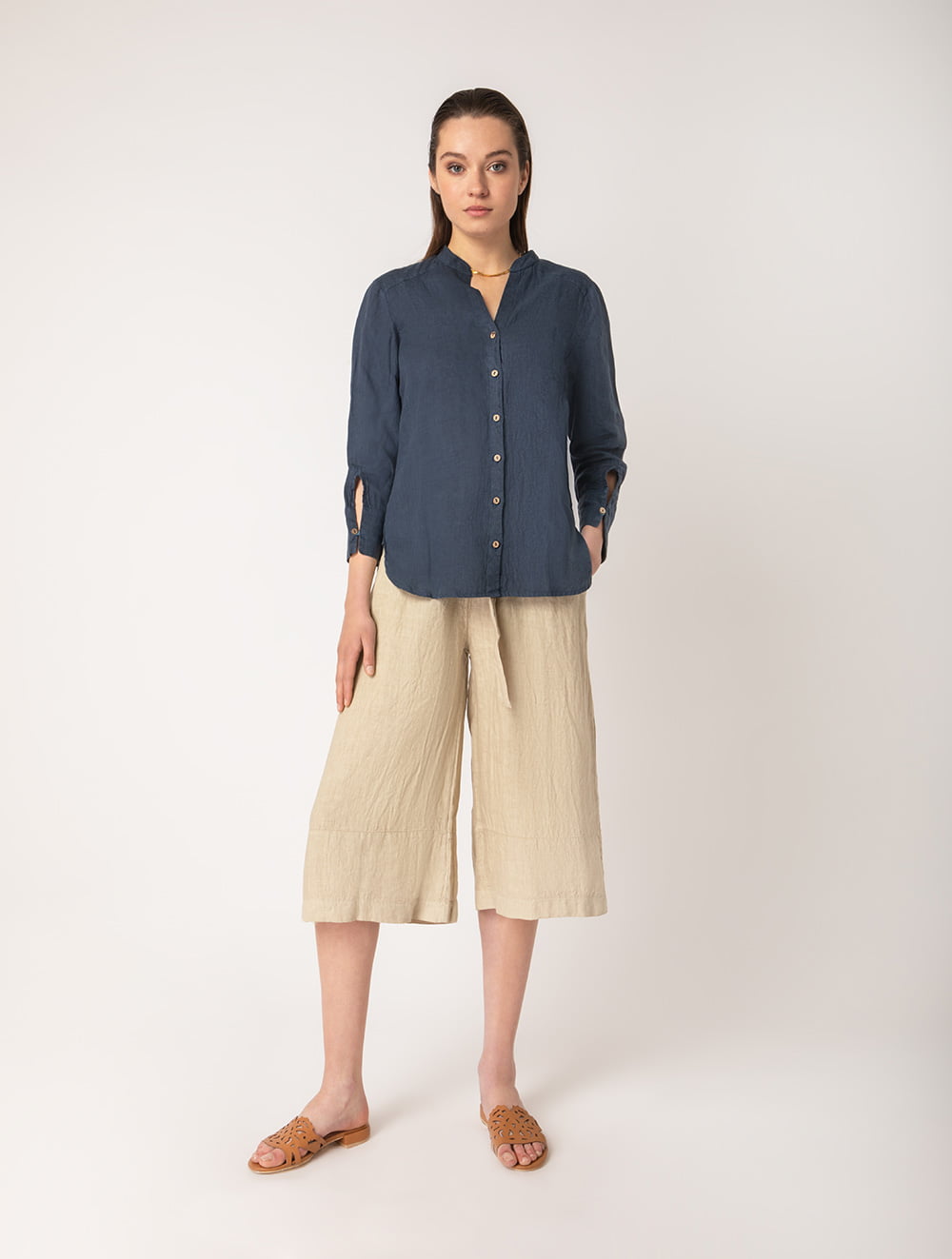 Linen Shirt Mao Collar