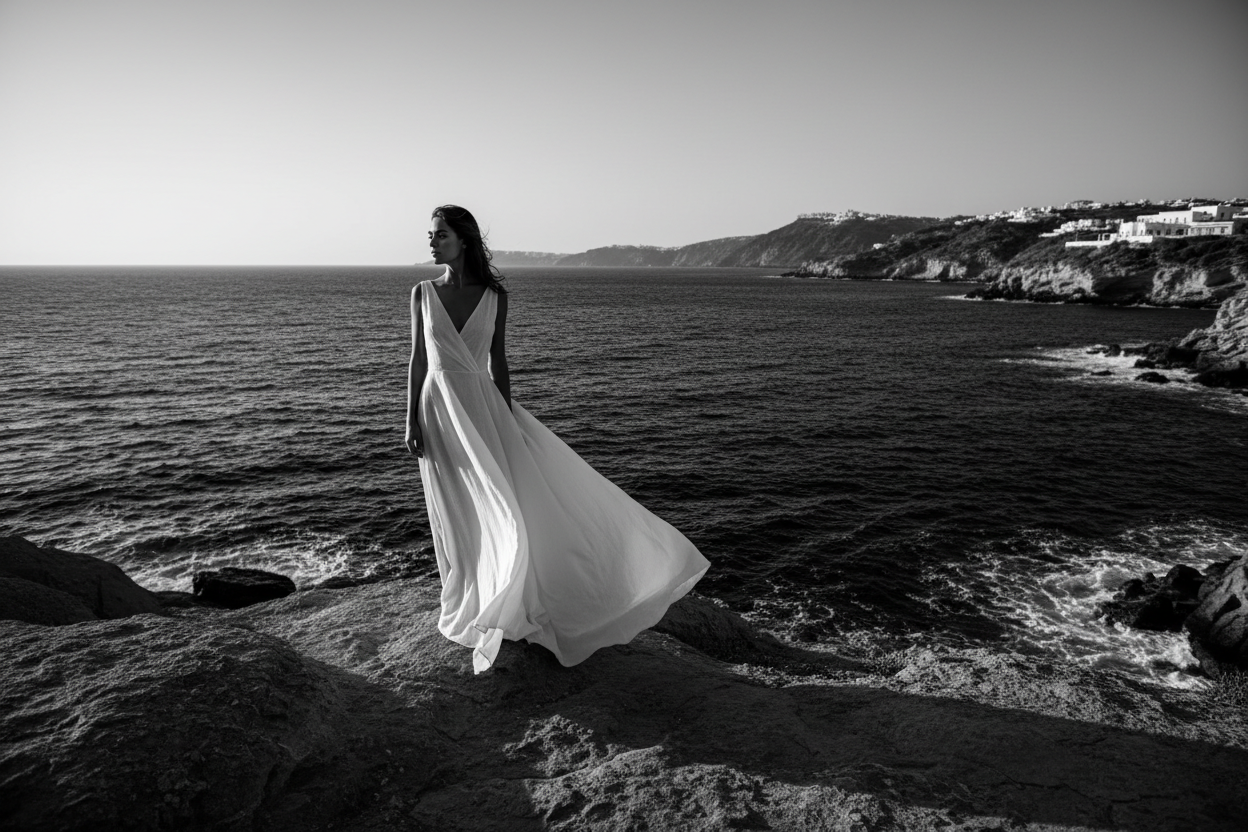 woman in a long linen dress, standing in front of the sea, on an island. image on black and white colors